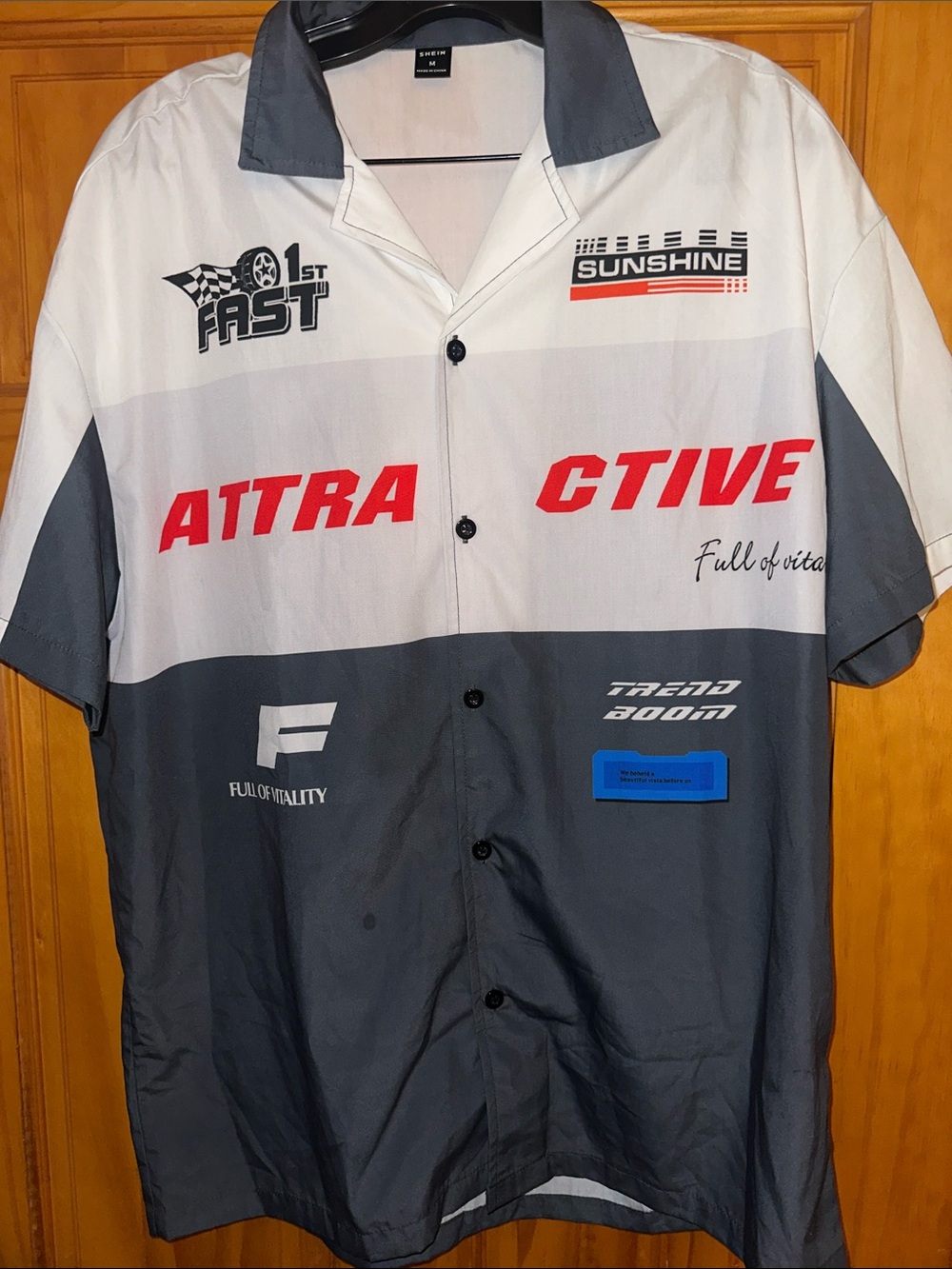SHEIN Two-Tone Gray & White Racing Short Sleeve Button Down